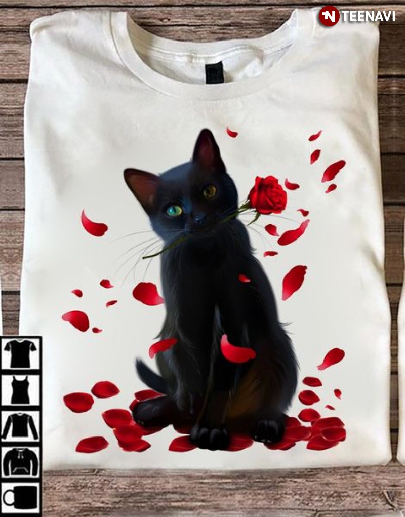 Cute Cat Shirt, Black Cat With Rose