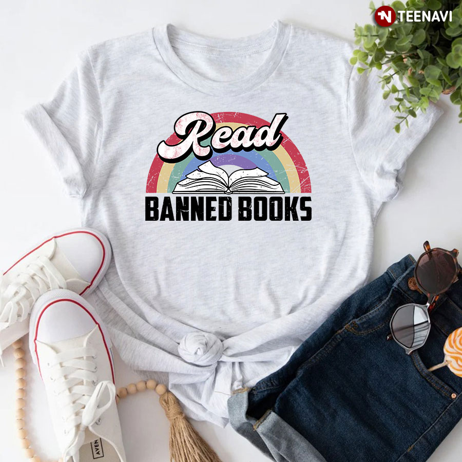 Retro Read Banned Books Rainbow Teacher T-Shirt