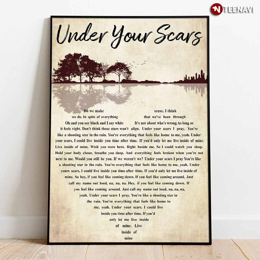 Vintage Godsmack Under Your Scars Lyrics With Heart Typography & Guitar Lake Shadow Poster