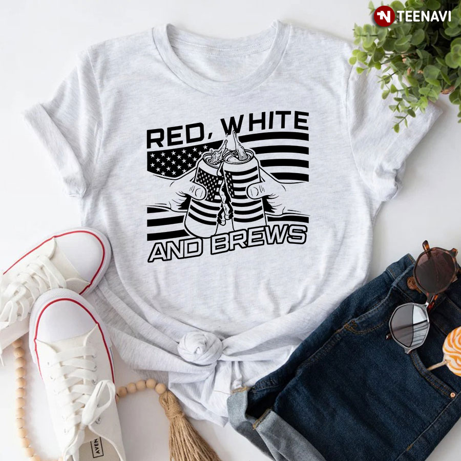 Red White And Brews Cheering American Flag T-Shirt