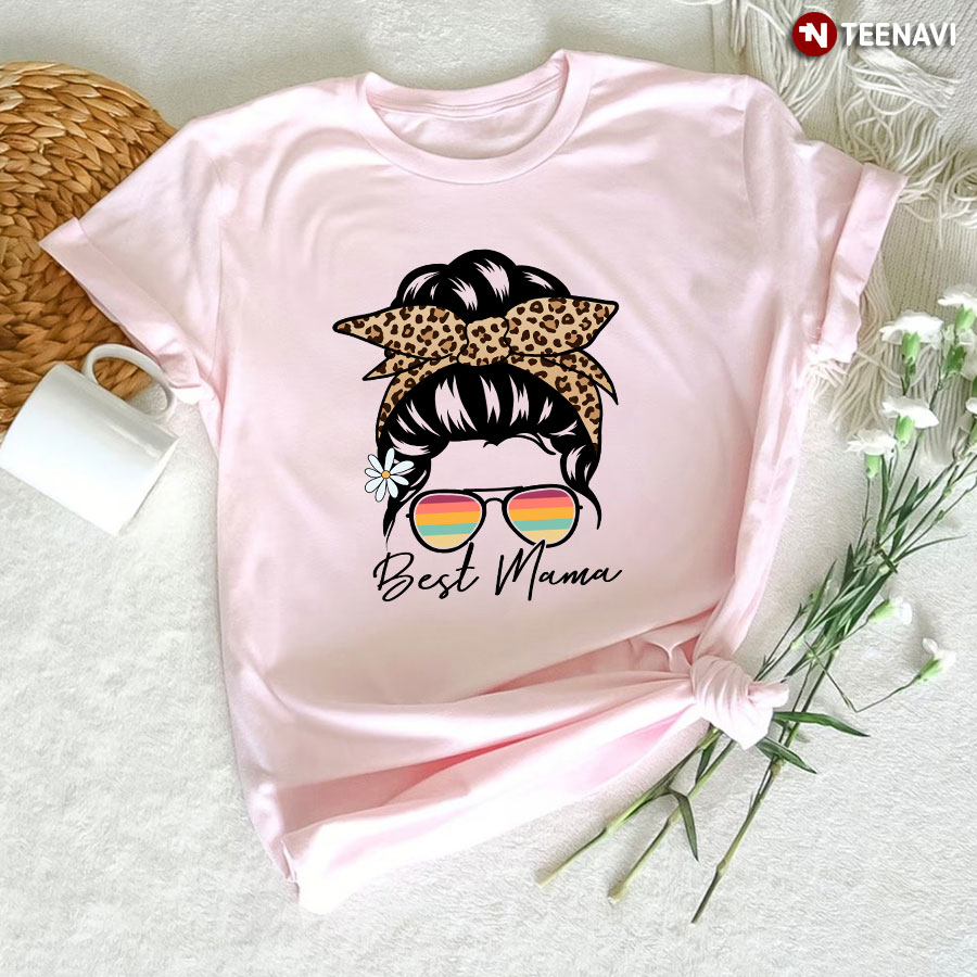 Best Mama Messy Bun Girl Leopard T-Shirt