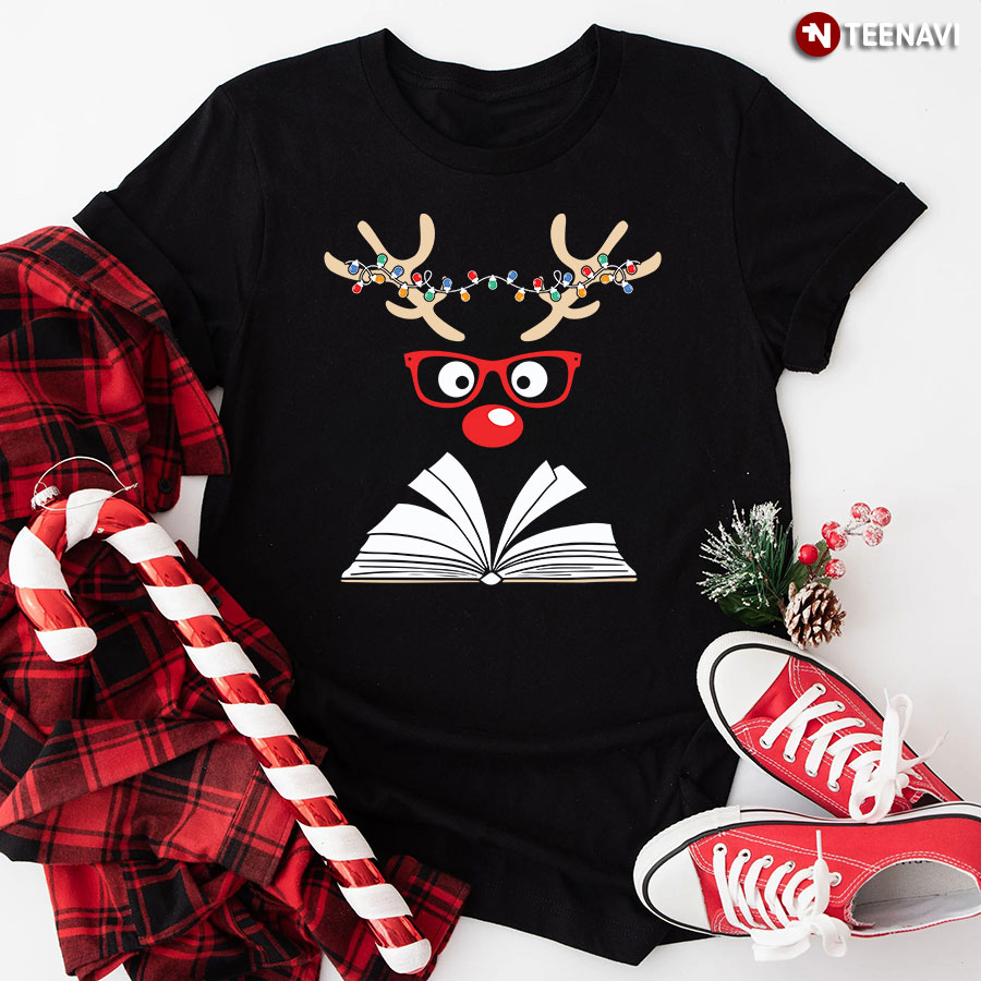 A Book And Reindeer With Christmas Lights T-Shirt
