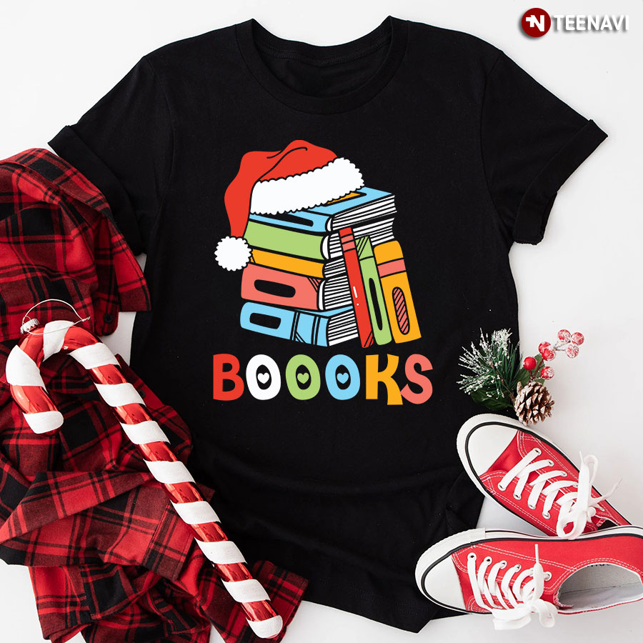 Boooks Christmas Santa Hat Bookaholic T-Shirt