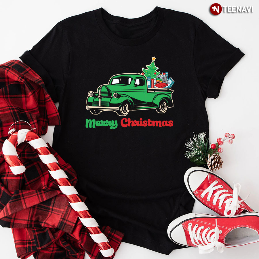 Merry Christmas A Car With Books And Xmas Tree T-Shirt