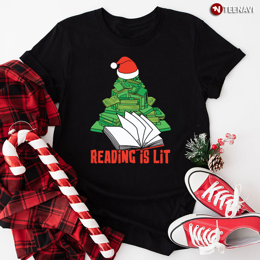 Reading Is Lit Christmas Books Tree With Santa Hat T-Shirt