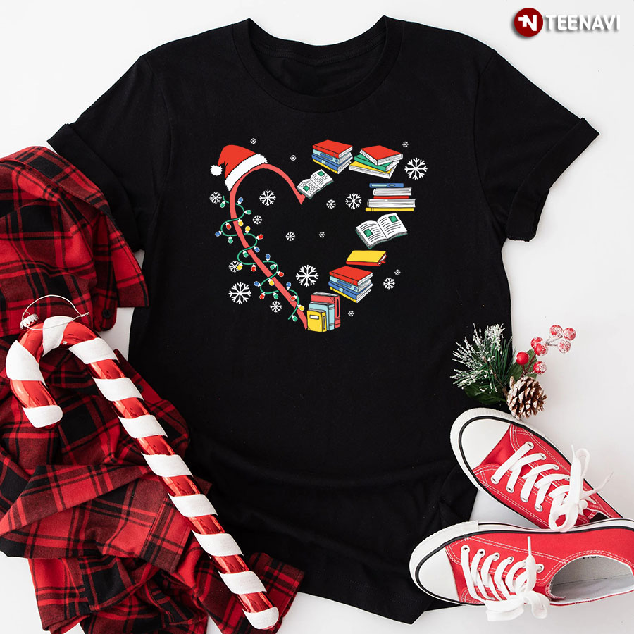 Christmas Heart With Books Santa Hat And Xmas Lights T-Shirt