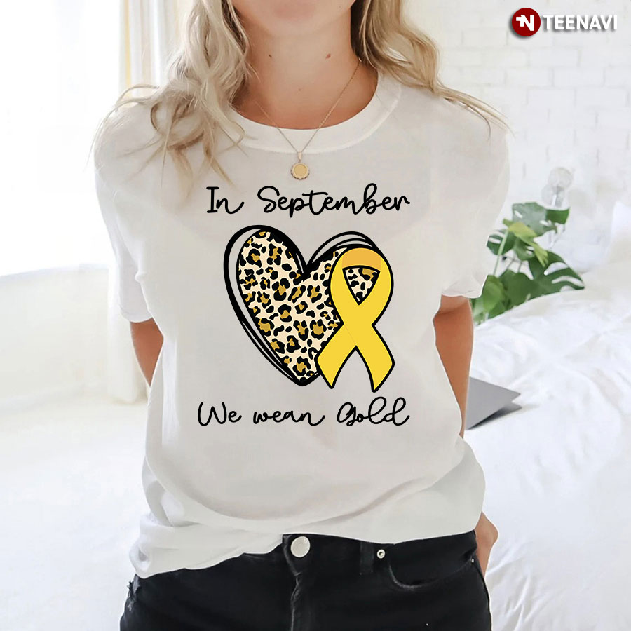 In September We Wear Gold Childhood Cancer Awareness Leopard Heart T-Shirt