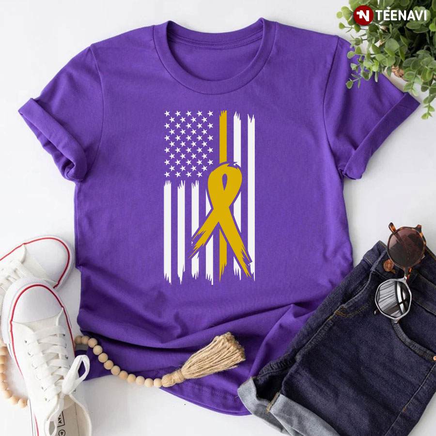 Childhood Cancer Awareness American Flag Yellow Ribbon T-Shirt