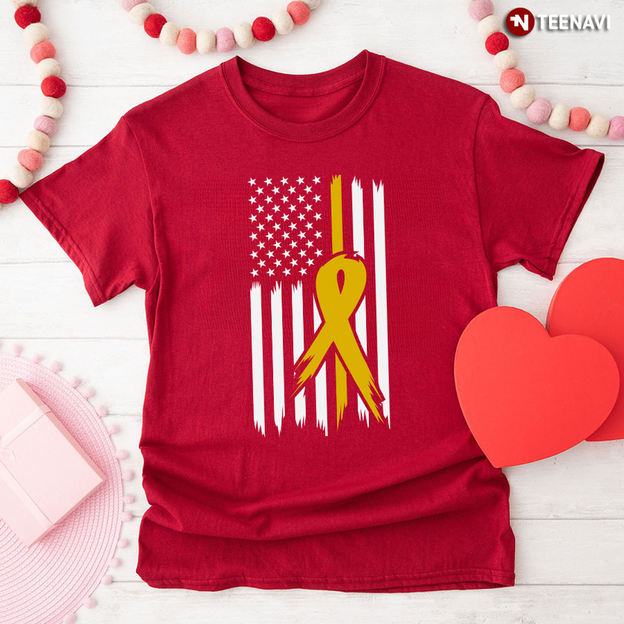 Childhood Cancer Awareness American Flag Yellow Ribbon T-Shirt
