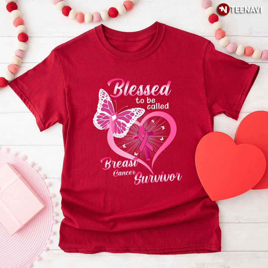 Blessed To Be Called Breast Cancer Survivor Butterfly Heart T-Shirt
