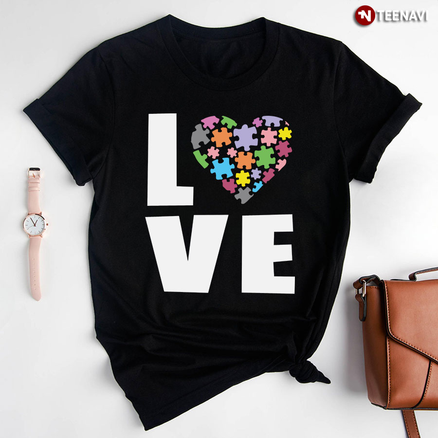 Love Autism Puzzle Pieces Heart T-Shirt - Small Tee