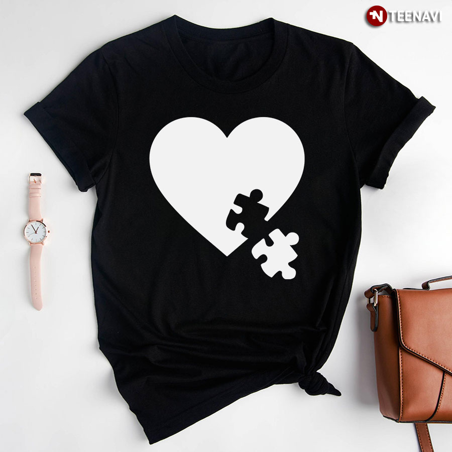 Autism Heart Puzzle Piece T-Shirt - Black Tee