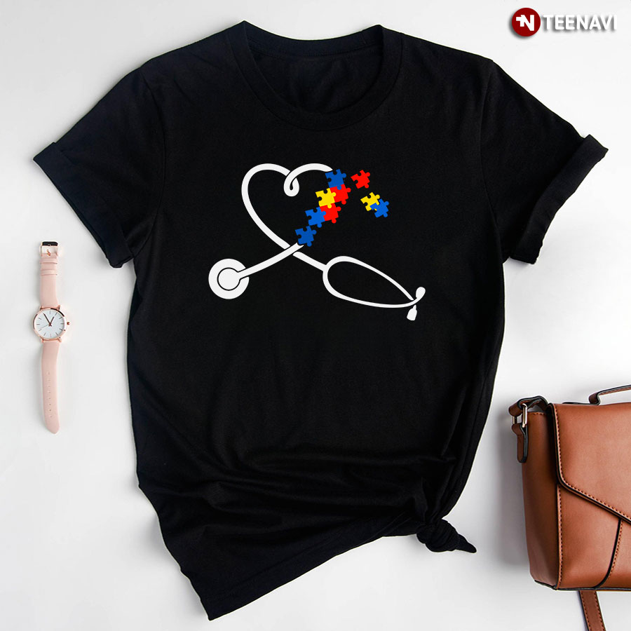 Stethoscope Heart Puzzle Pieces Autism Nurse T-Shirt