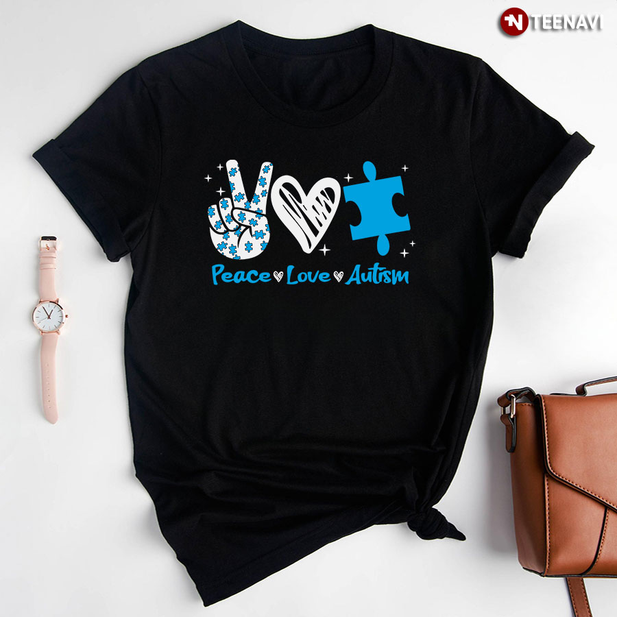 Peace Love Autism Hand Gesture Heart Puzzle Piece T-Shirt - Unisex Tee