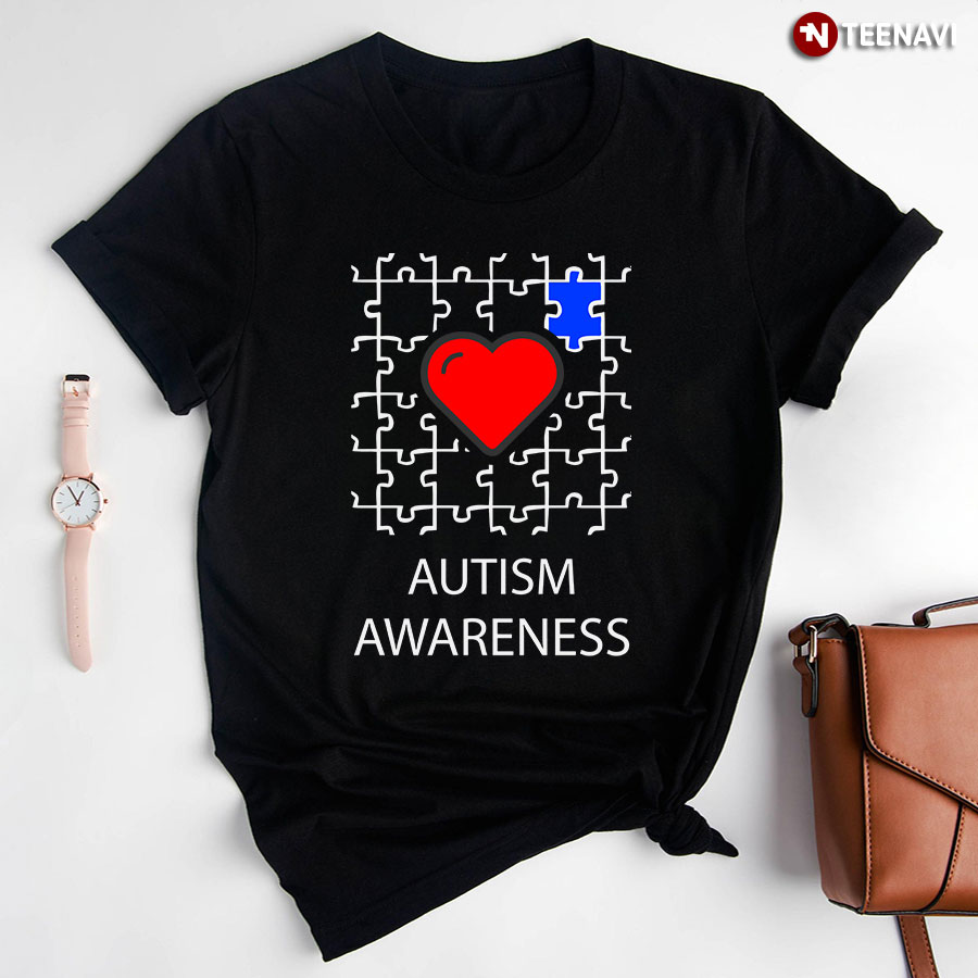 Autism Awareness Red Heart Blue Puzzle Piece T-Shirt