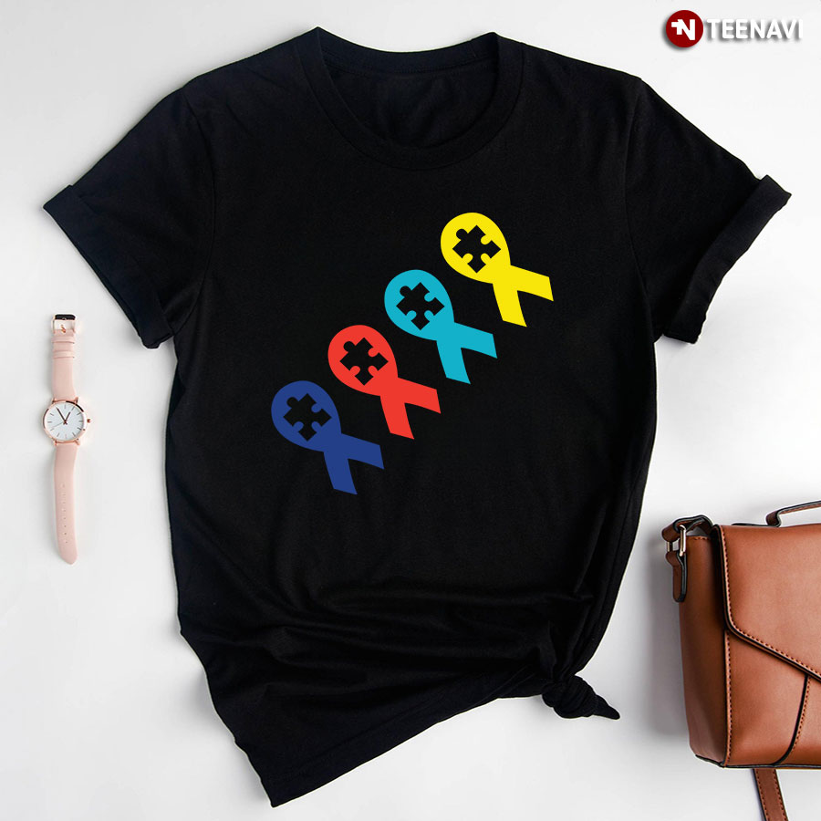 Colourful Ribbons Puzzle Pieces Autism Awareness T-Shirt