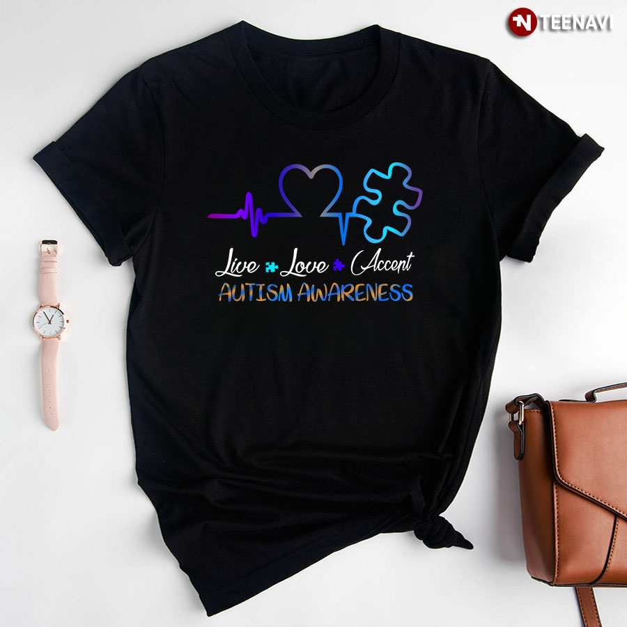 Live Love Accept Autism Awareness Heartbeat Heart Puzzle Piece T-Shirt