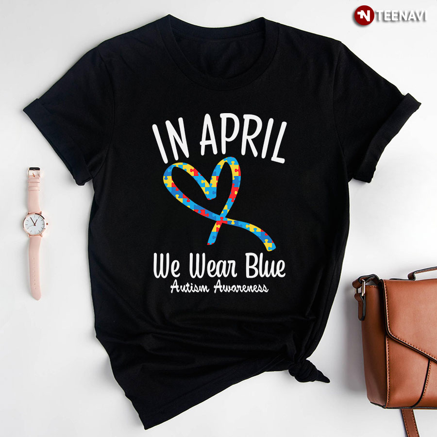 In April We Wear Blue Autism Awareness Ribbon Puzzle Pieces T-Shirt – Kids Tee