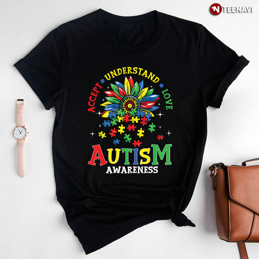 Accept Understand Love Flower Puzzle Pieces Autism Awareness T-Shirt