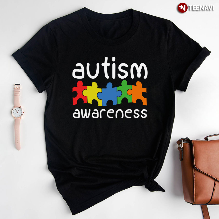 Colourful Puzzle Pieces Autism Awareness T-Shirt - Black Tee