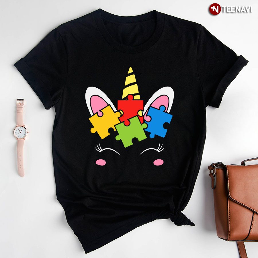 Unicorn Autism Puzzle Pieces T-Shirt - Black Tee