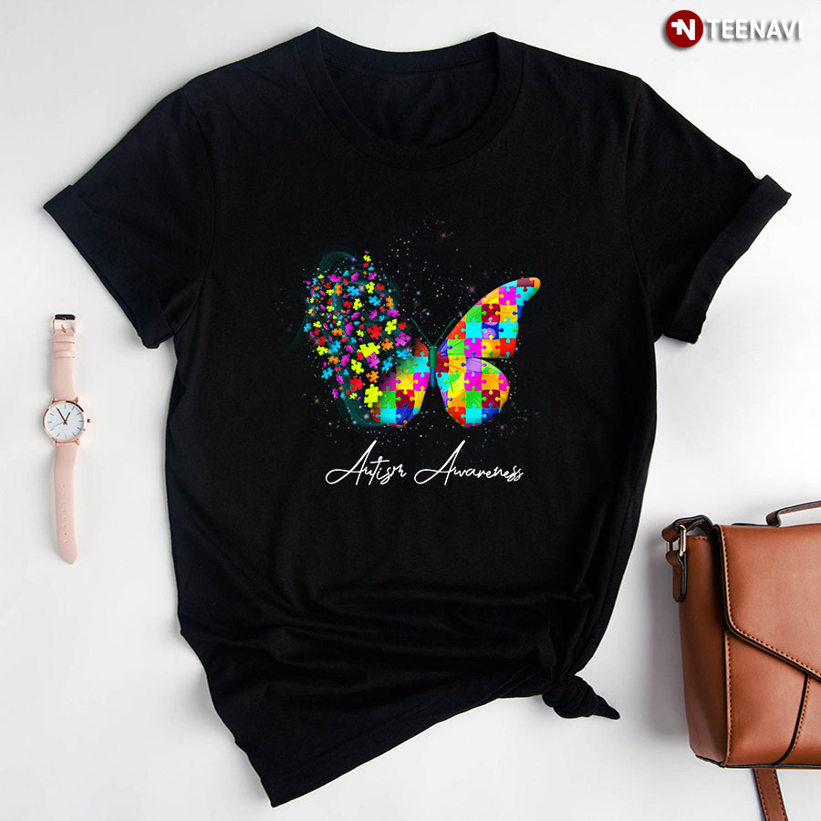 Autism Awareness Butterfly Puzzle Pieces T-Shirt - Black Tee
