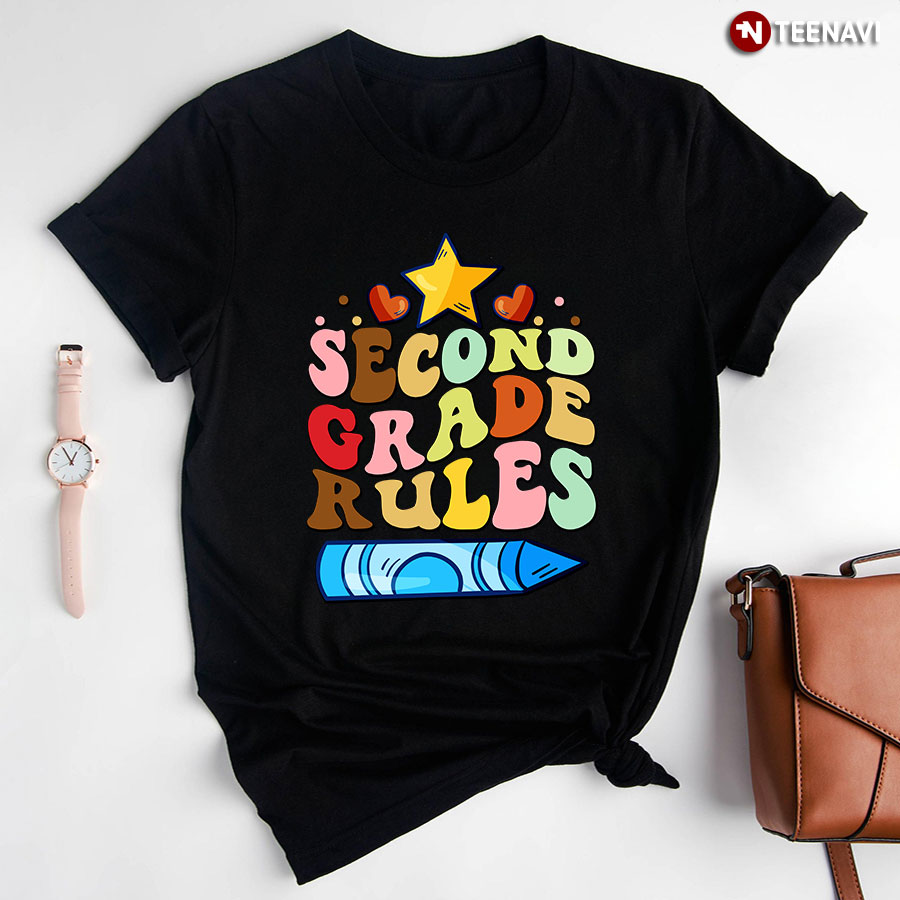 Second Grade Rules Star Hearts Crayon Back To School T-Shirt
