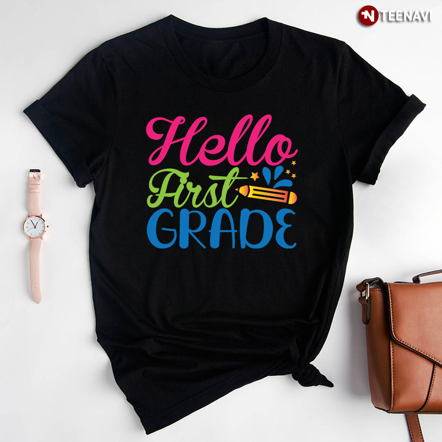 Hello First Grade 1st Grade Crayon Star Back To School T-Shirt