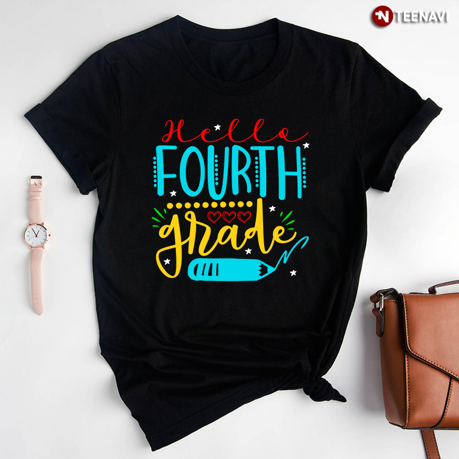 Hello Fourth Grade Crayon Heart Star Back To School T-Shirt