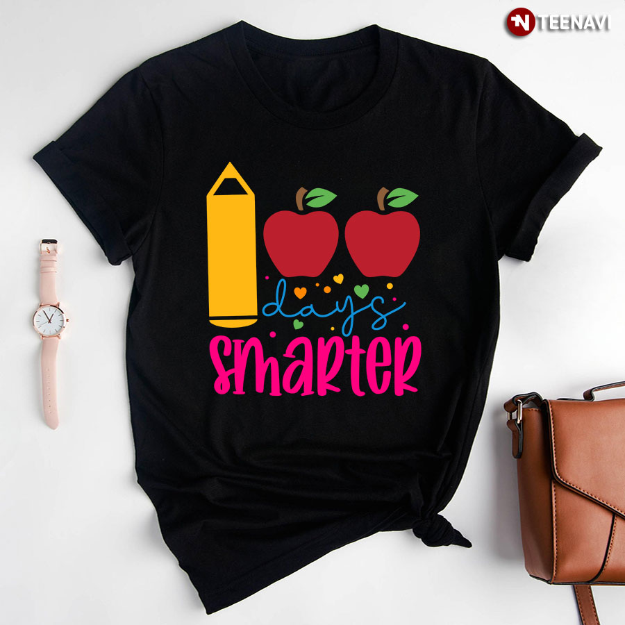 100 Days Smarter Apple Crayon Teacher Student Back To School T-Shirt