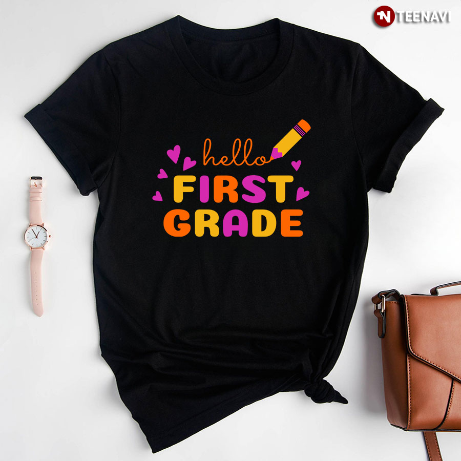 Hello First Grade 1st Grade Student Crayon Purple Heart Back To School T-Shirt