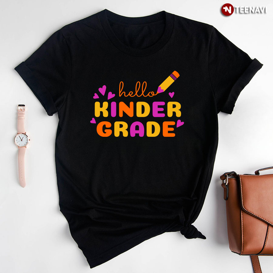 Hello Kinder Grade Kindergarten Student Crayon Purple Heart Back To School T-Shirt