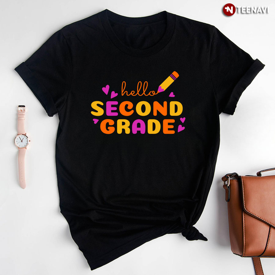Hello Second Grade 2nd Grade Student Crayon Purple Heart Back To School T-Shirt