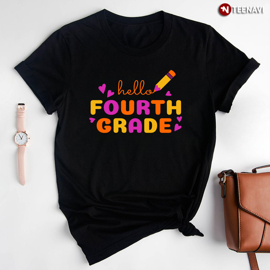 Hello Fourth Grade 4th Grade Student Crayon Purple Heart Back To School T-Shirt
