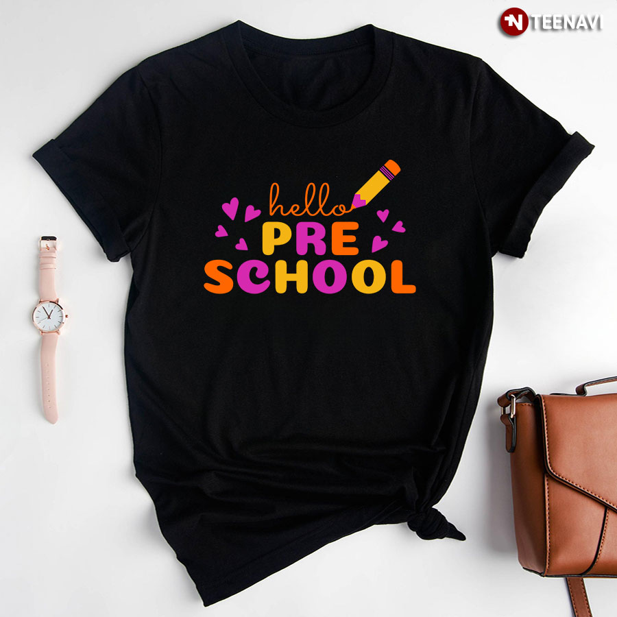Hello Pre-school Preschool Student Crayon Purple Heart Back To School T-Shirt