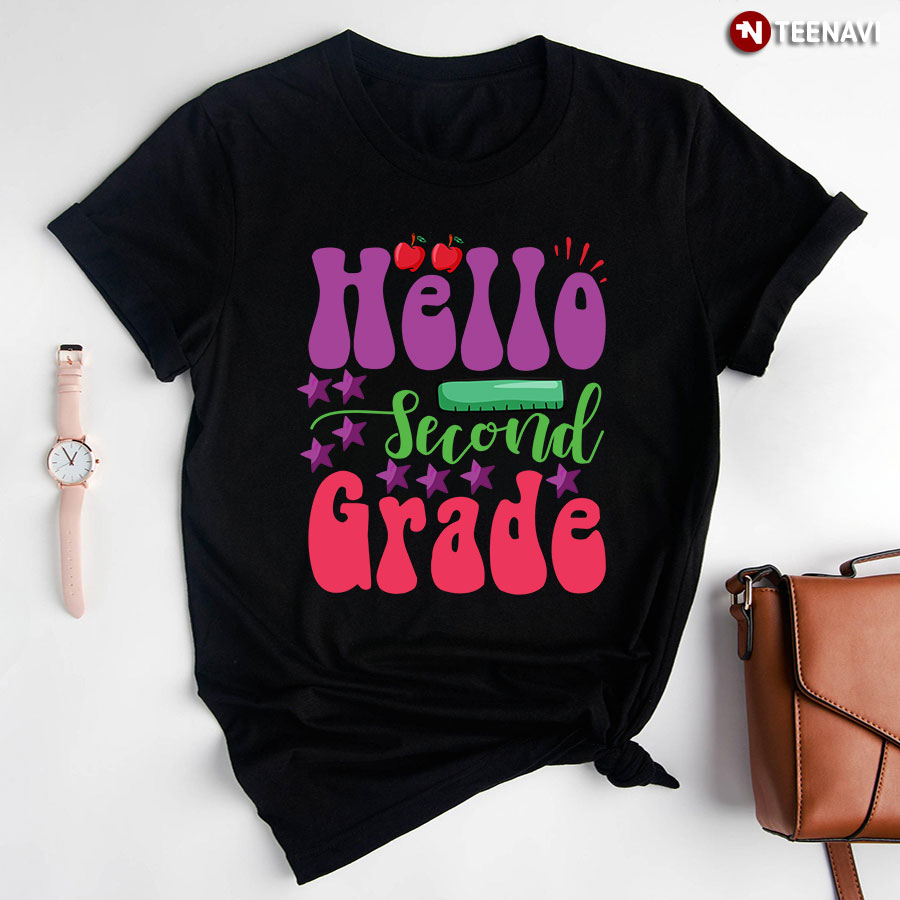 Hello Second Grade 2nd Grade Teacher Apples Stars Back To School T-Shirt