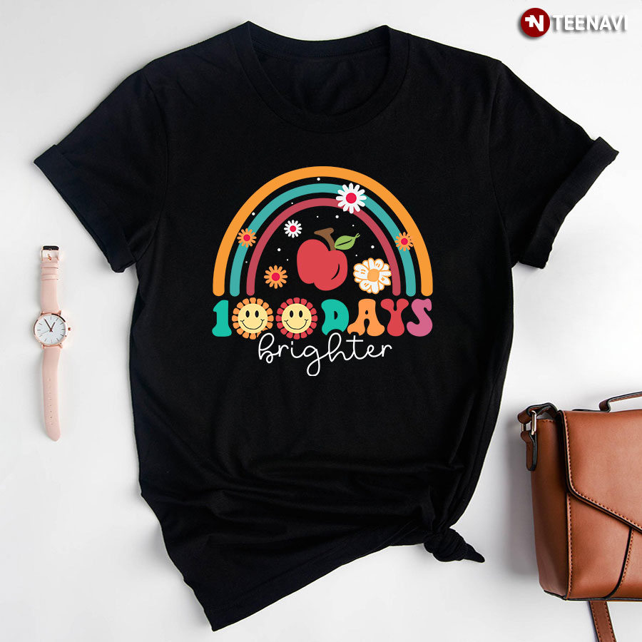 100 Days Brighter Teacher Flowers Rainbow Apple Back To School T-Shirt