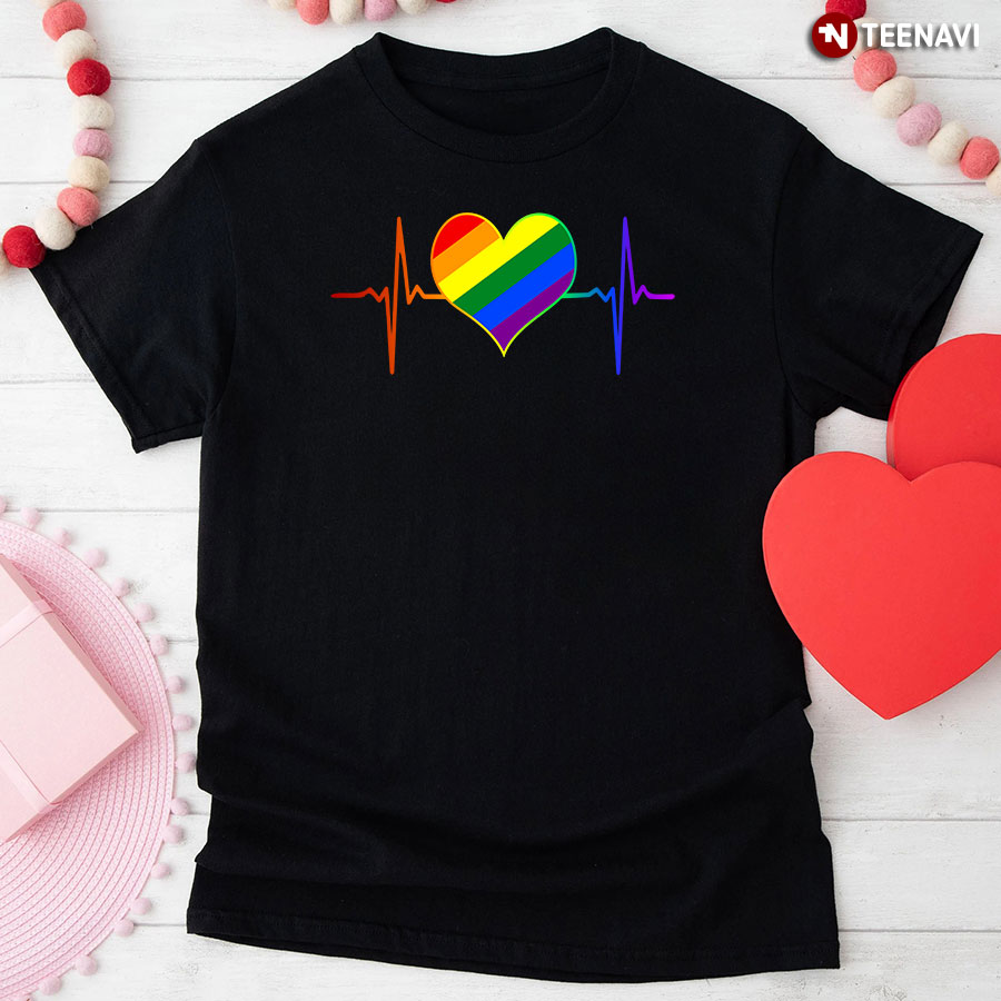 LGBT Heartbeat With Rainbow Flag Heart T-Shirt