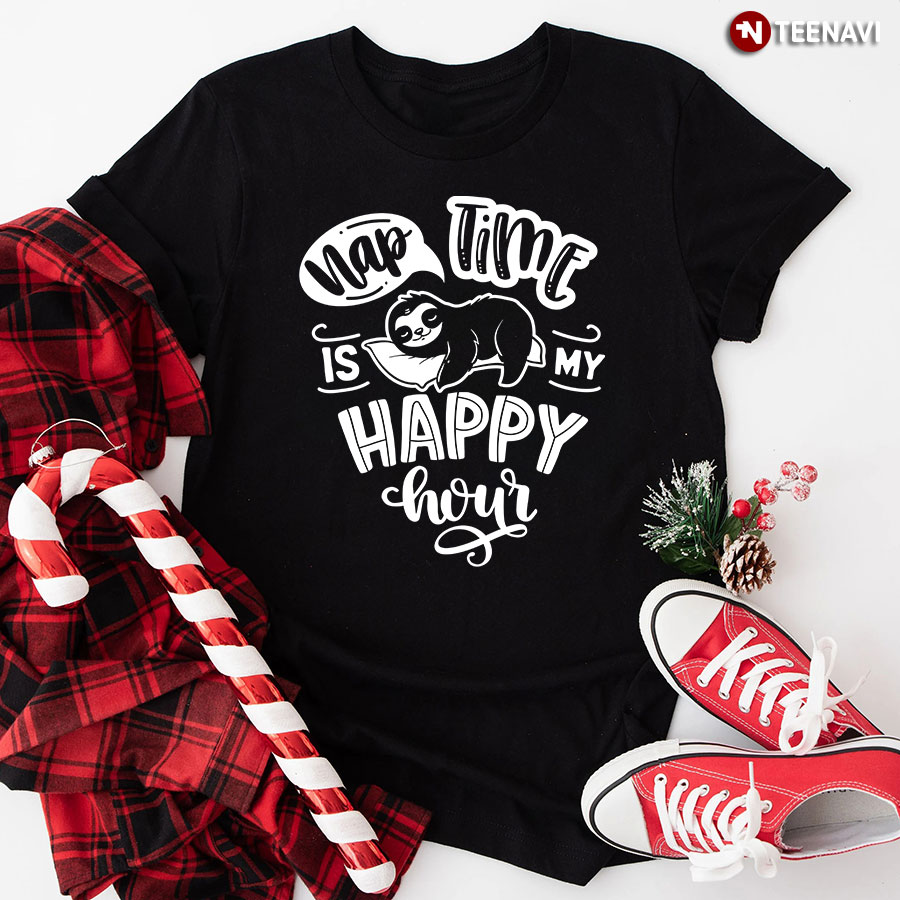 Nap Time Is My Happy Hour Sloth T-Shirt - Black Tee
