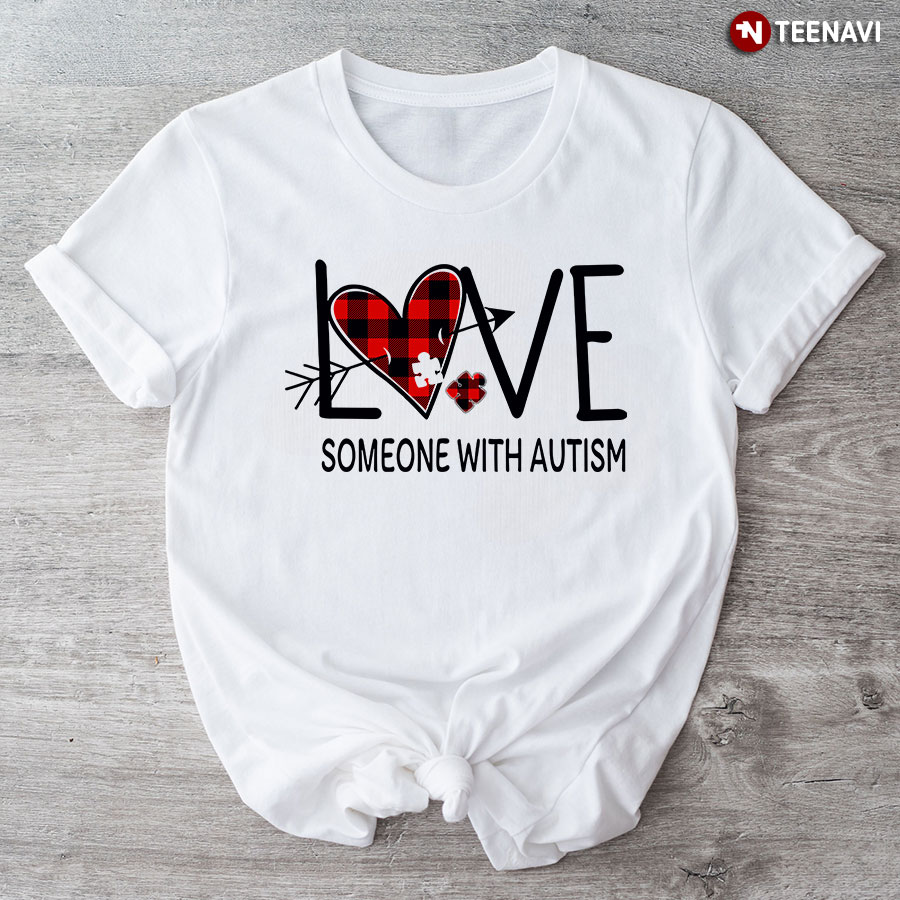 Love Someone With Autism Red Plaid Heart Puzzle Piece T-Shirt
