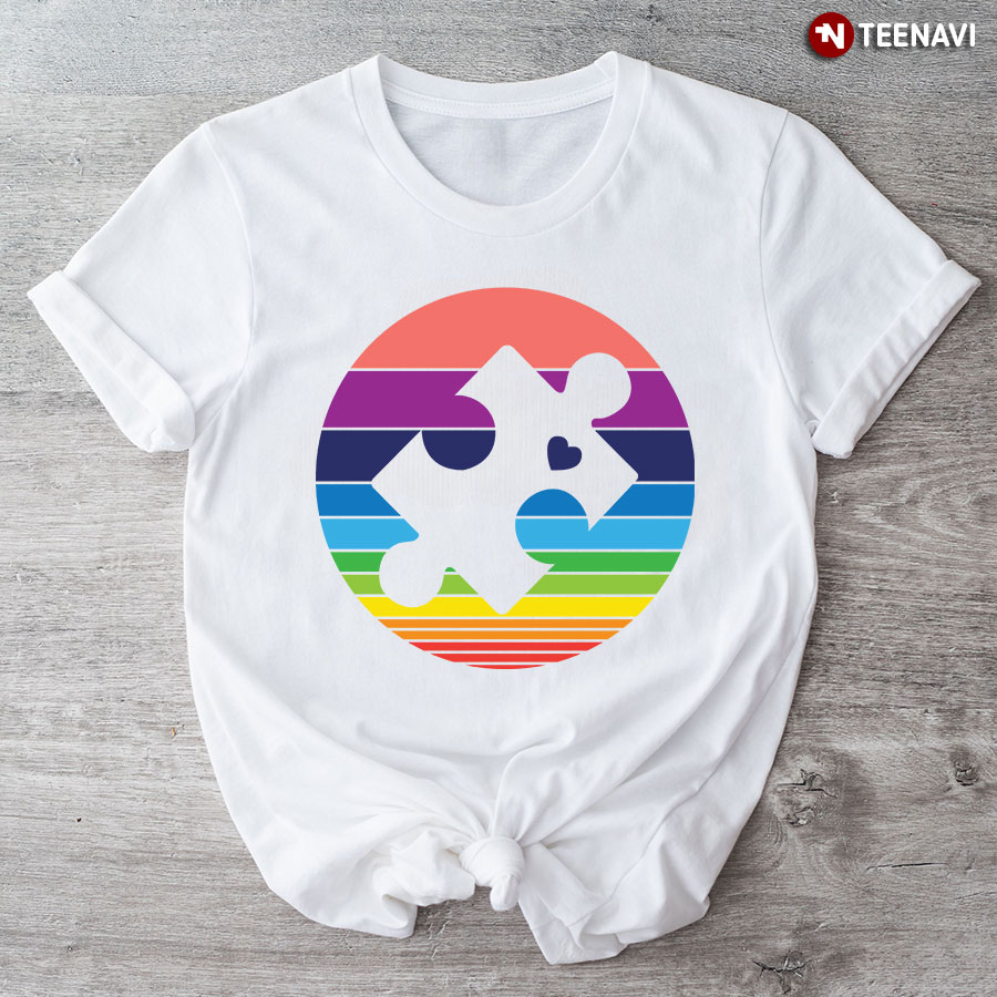 Autism Puzzle Piece With Heart Inside Rainbow T-Shirt