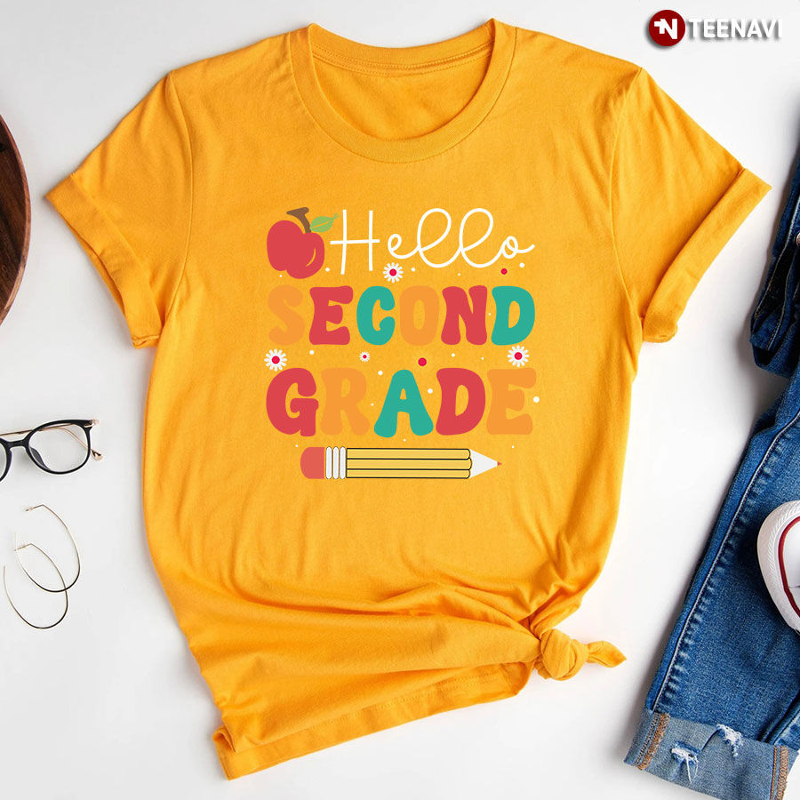 Hello Second Grade Teacher Apple Pencil Flower T Shirt