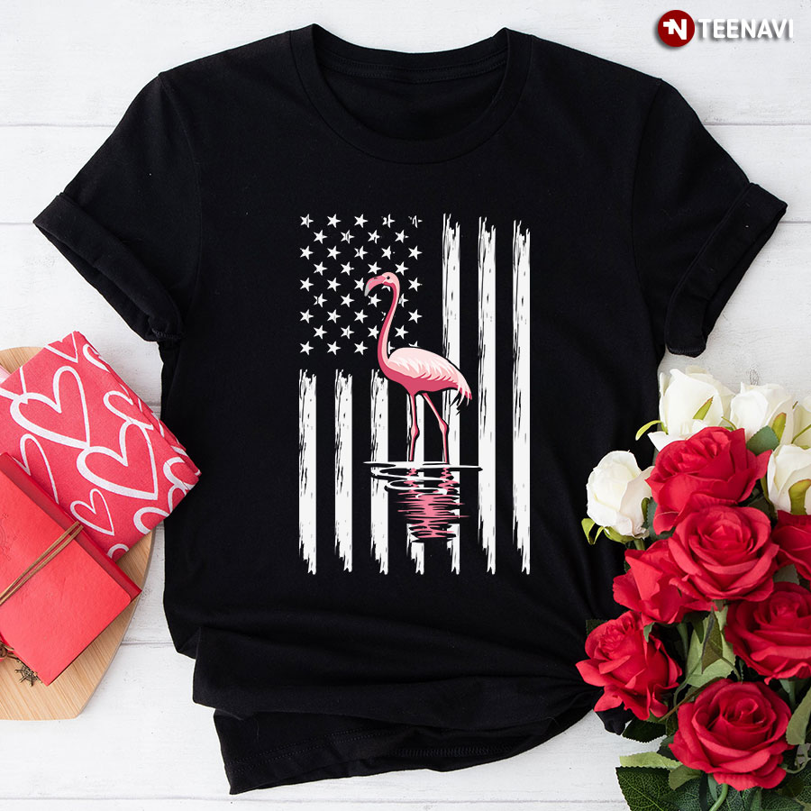 Pink Flamingo American Flag 4th Of July T-Shirt