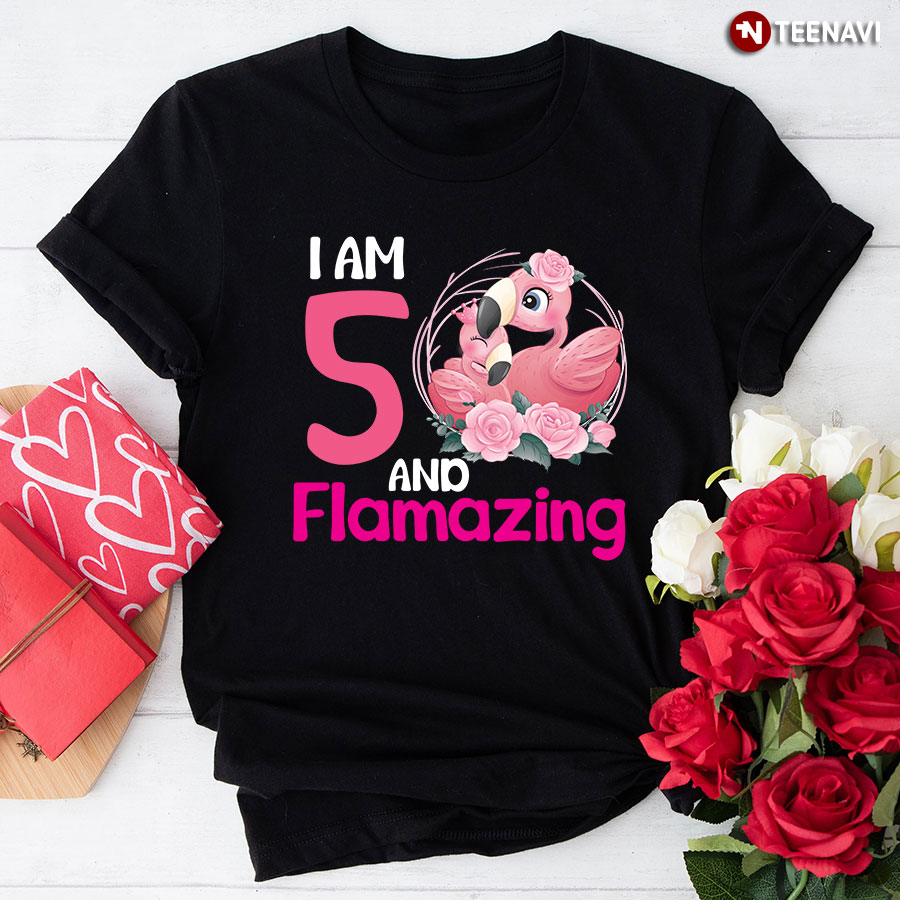 I Am 5 And Flamazing Flamingo 5th Birthday T-Shirt
