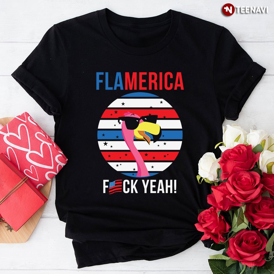 Flamerica Fuck Yeah Vintage American Flag Flamingo T-Shirt