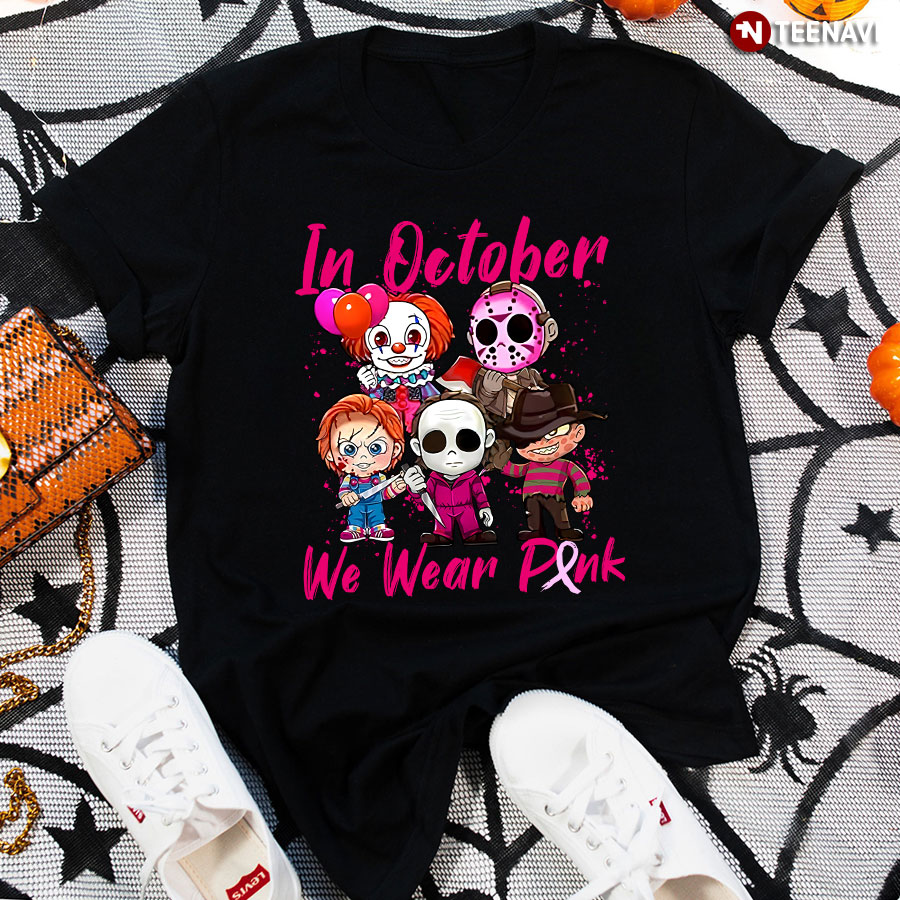In October We Weak Pink Breast Cancer Awareness Horror Characters T-Shirt