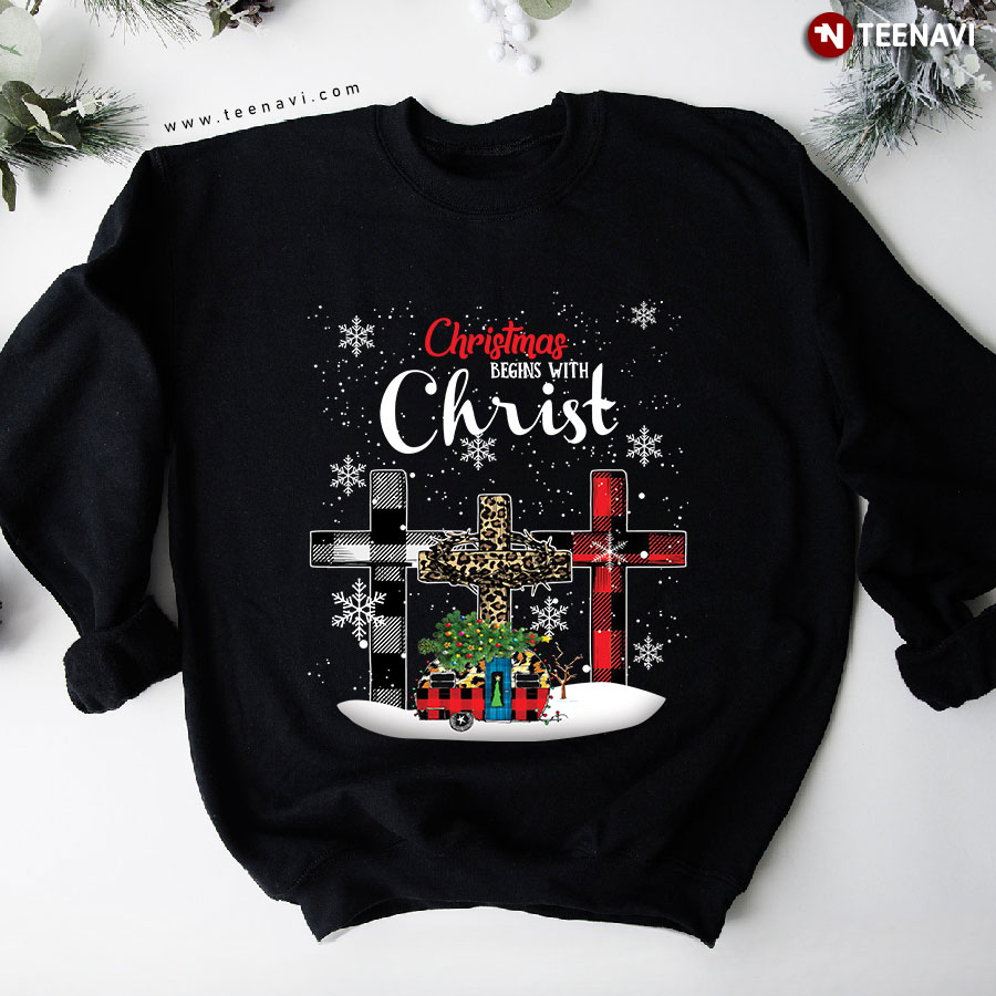 Christmas Begins With Christ Buffalo Plaid Leopard Jesus Cross Truck Sweatshirt