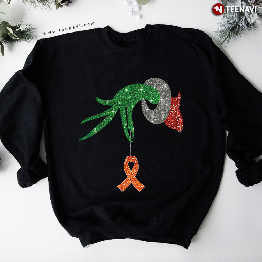 Grinch Hand Holding Multiple Sclerosis Awareness Ribbon Ornament Christmas Sweatshirt
