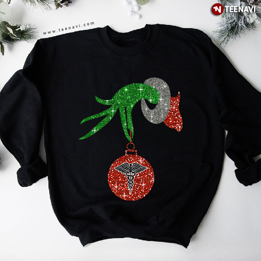 Grinch Hand Holding Medical Symbol Ornament Christmas Sweatshirt