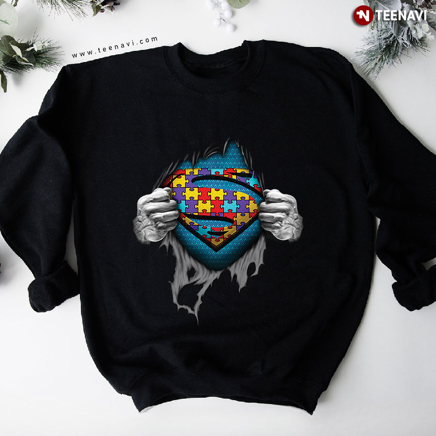 Hands Tearing Superman Autism Awareness Puzzle Piece Sweatshirt